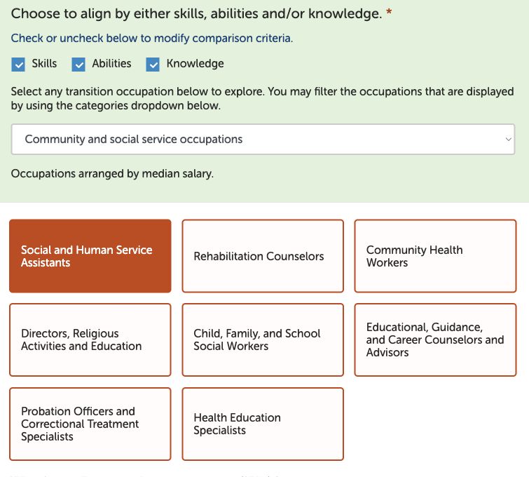 Transition Exploration with Skills, Abilities, Knowledge and the Community and social service category selected