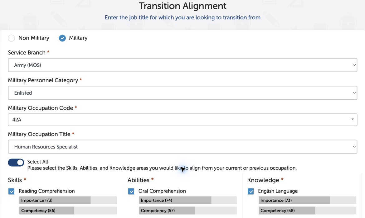 Real Transition Navideer military alignment screen with Army MOS 42A and transferable skills